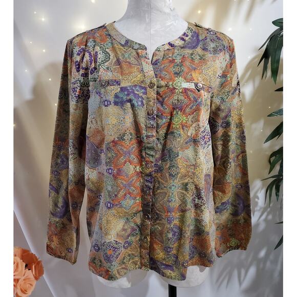 Orvis Womens Paisley Boho Mandala Shell Button Blouse Size 16 Multicolor Hippie - Picture 1 of 12